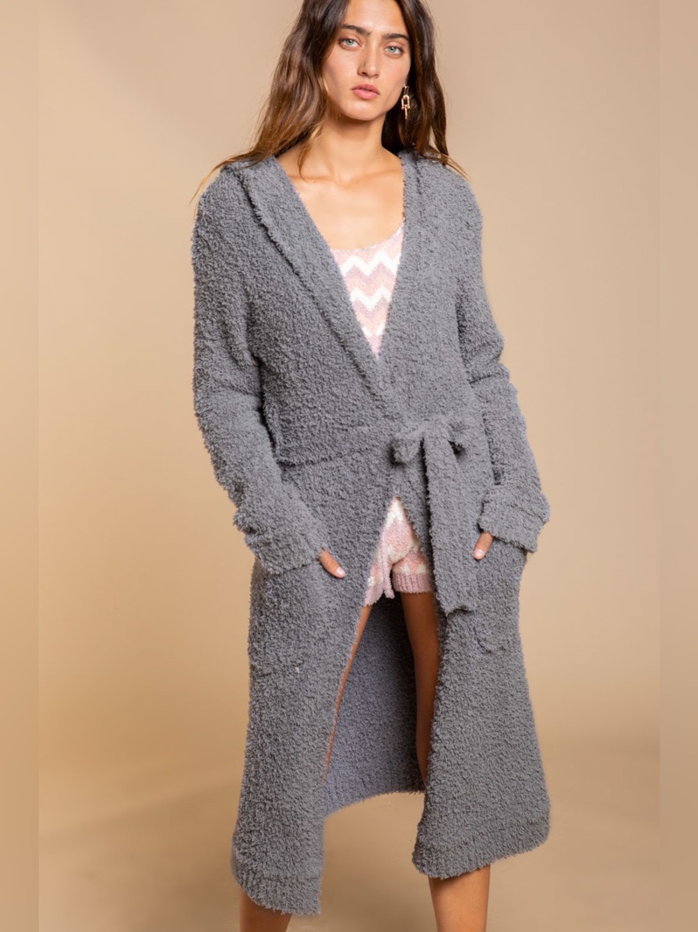 POL Berber fleece Tie Front Tunic Cardigan with Pockets